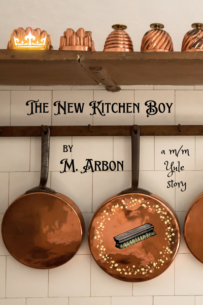 Cover of The New Kitchen Boy, showing shiny copper pots hanging from a shelf.